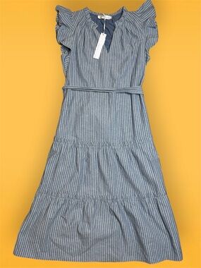 NWT Blue Stripe Tiered Midi Dress with Belt Flutter Sleeve Adelyn Rae sz S